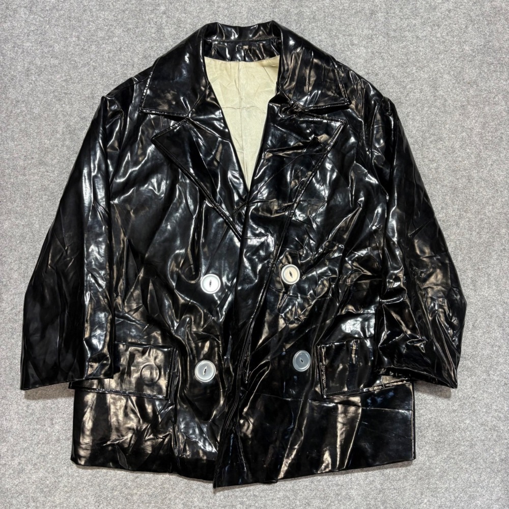 Vintage Lord & Taylor Black Patent Vinyl Double Breasted Jacket Mod Retro 28in